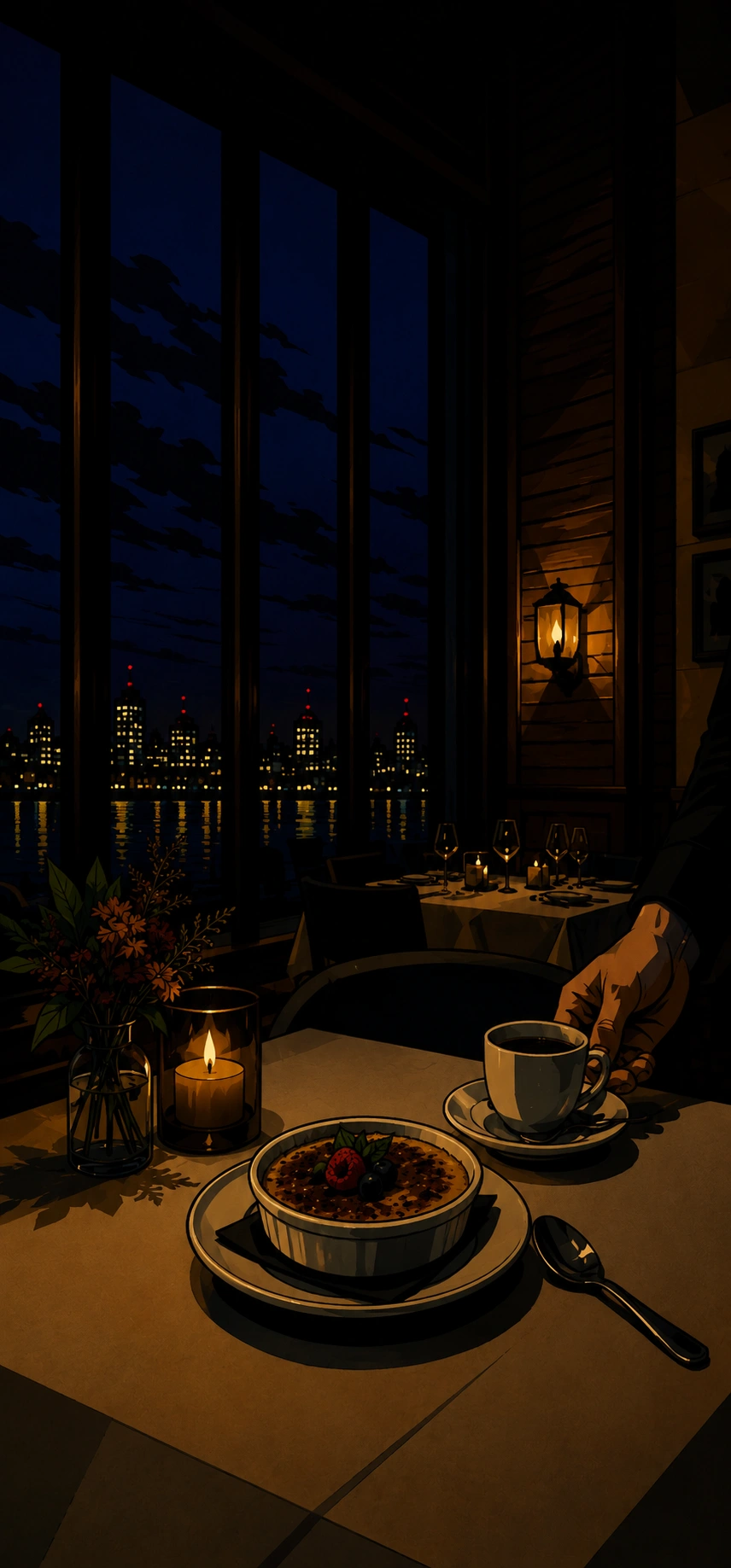 Dessert and coffee served by candlelight beside tall windows.