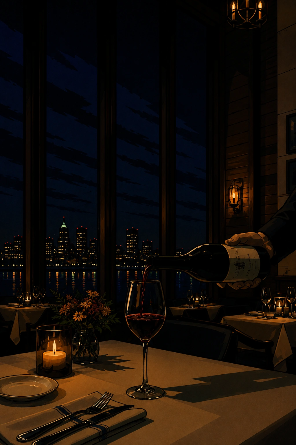 Red wine poured beside a candlelit table overlooking the city.