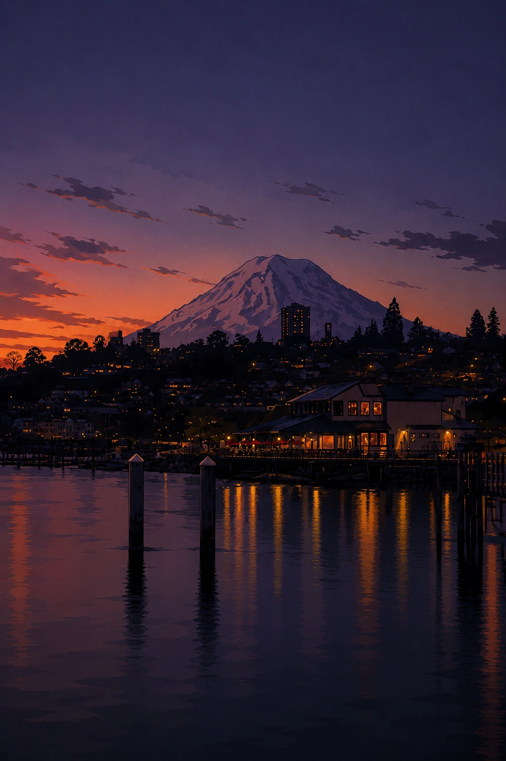 Mount Rainier above Tacoma’s waterfront at sunset, reflected in the water.
