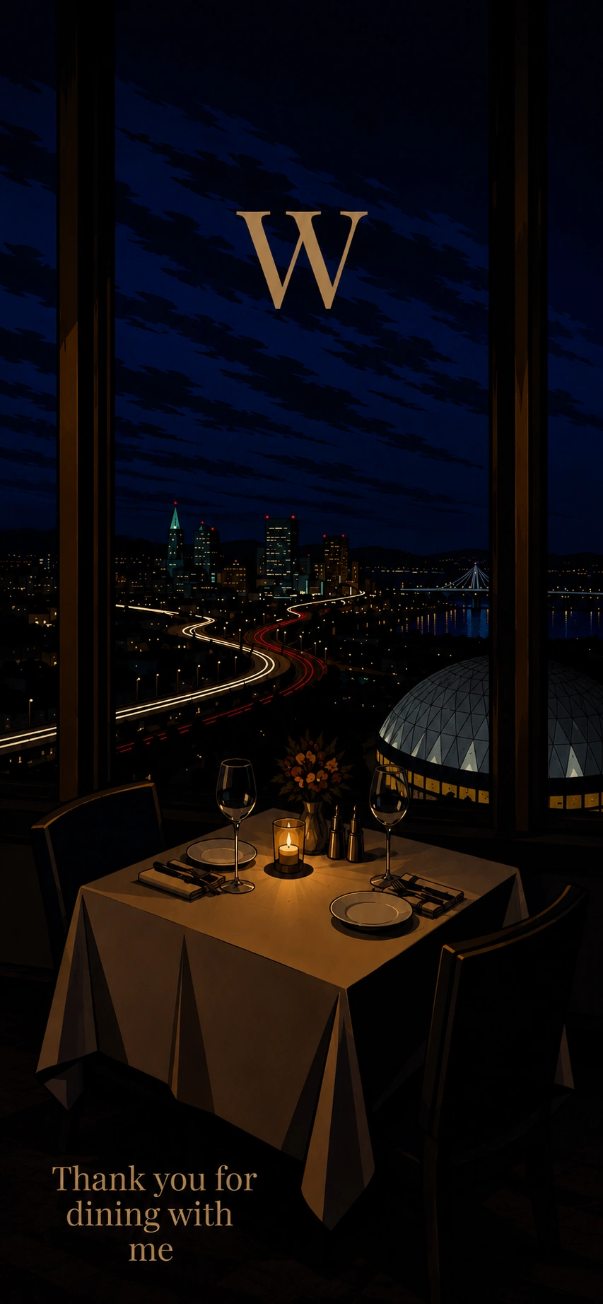 A candlelit table overlooking Tacoma at night, with a gold W and the words Thank you for dining with me.